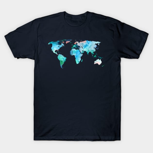 World Map in Indigo, Teal and Blush Pink T-Shirt by Gingerlique
